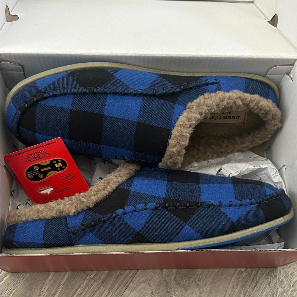 Deer Stags Blue and Black Plaid Slippers